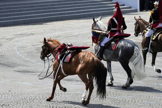 14일(현지시간) 프랑스 혁명기념일 군사 행진 도중 기병 연대 소속 말 한 필이 기병 없이 홀로 행진하고 있다. AP=연합뉴스