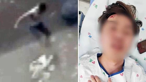 술에 취한 남성이 지나가던 고등학생 3학년 학생을 폭행하고 있는 모습(왼쪽), 폭행 후 병원 치료중인 피해 학생. 사진 JTBC ‘사건반장’ 캡처