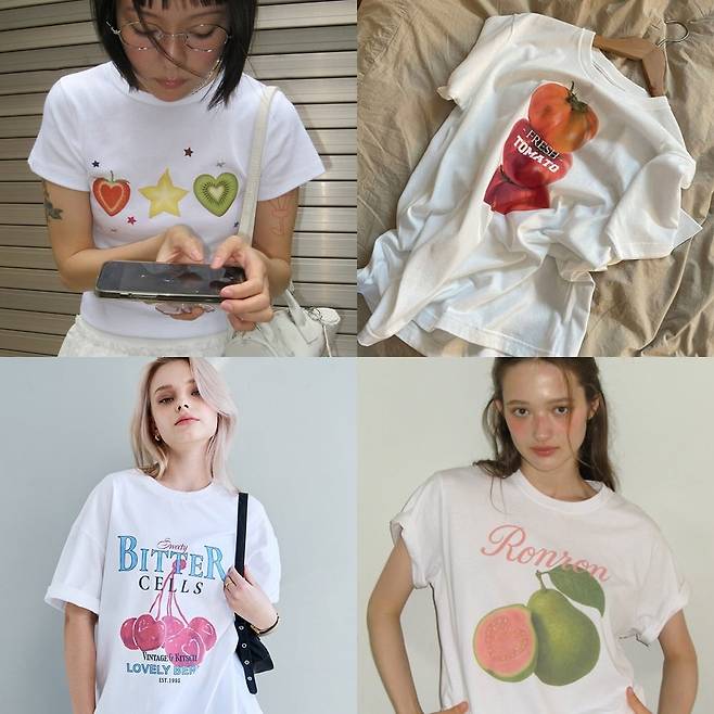 (시계 방향으로) 프루티 스타 크롭티, 뚜누 ‘잘 챙겨먹어’ 티셔츠, 론론 구아바 베이직핏 티셔츠, 비터셀즈 체리베리 티셔츠. (사진=29CM)