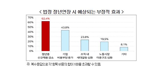 한국경영자총협회가 15일 배포한 ‘고령자 고용정책 관련 전문가 진단 및 인식 조사’ 중 ‘법정 정년 연장 시 예상되는 부정적 효과’. 경총 제공.