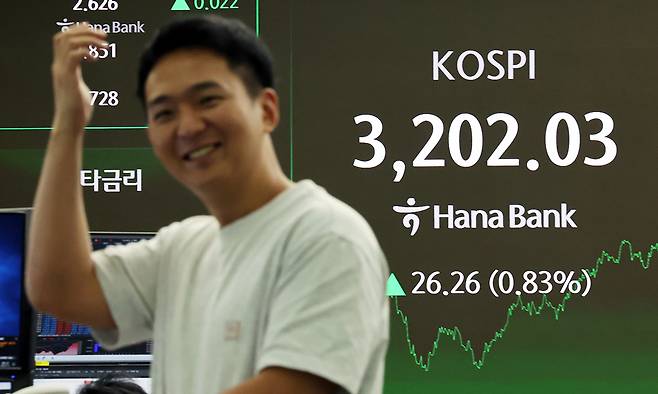 14일 서울 중구 하나은행 본점 딜링룸 전광판에 증시 종가가 표시되고 있다. 이날 코스피 지수는 전 거래일 대비 26.26p(0.83%) 오른 3202.03, 코스닥 지수는 1.10p(0.14%) 내린 799.34로 장을 마감했다. 뉴스1