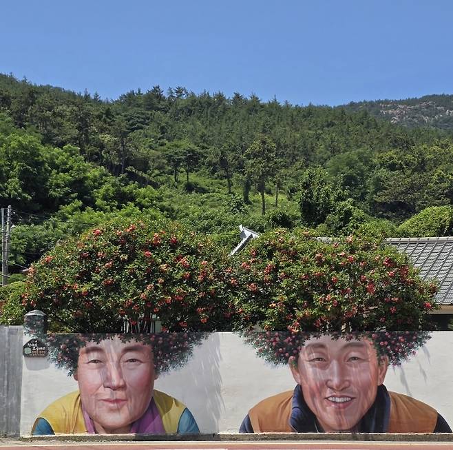 암태도 기동삼거리에 위치한 동백꽃 파마머리 벽화