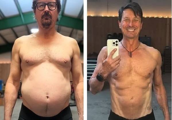 56세 코디 크론의 생성형 인공지능(AI) 챗GPT 활용 다이어트 전후 모습. 왼쪽은 감량 전, 오른쪽은 46일 후 모습. 유튜브 캡처