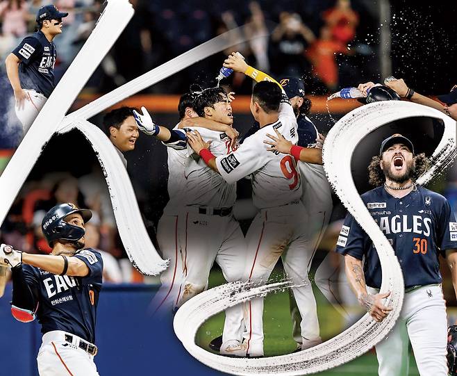 한화 선수들이 지난 10일 대전 KIA전에서 9회 문현빈의 끝내기 안타로 승리한 뒤 기뻐하고 있다. 전반기 1위를 차지한 한화가 이변 없이 한국시리즈에 진출할 것으로 전문가들은 예상하고 있다. 한화 이글스 제공