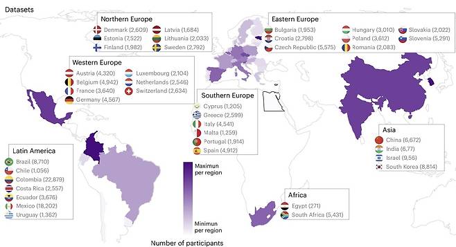 연구 대상 40개국 및 국가별 참가자 수  [Nature Medicine / Agustin Ibanez et al. 제공. 재판매 및 DB 금지]