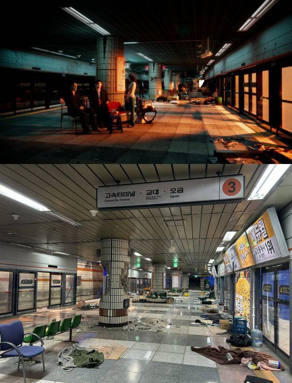 (위) 지하철 승강장 컨셉아트 / (아래) 실제 세트
