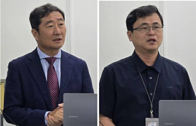 신재생 에너지 기반 온실 3중 열병합발전 시스템을 소개하는 한국기계연구원 송동근 친환경에너지연구본부장(왼쪽)과 이시형 박사.