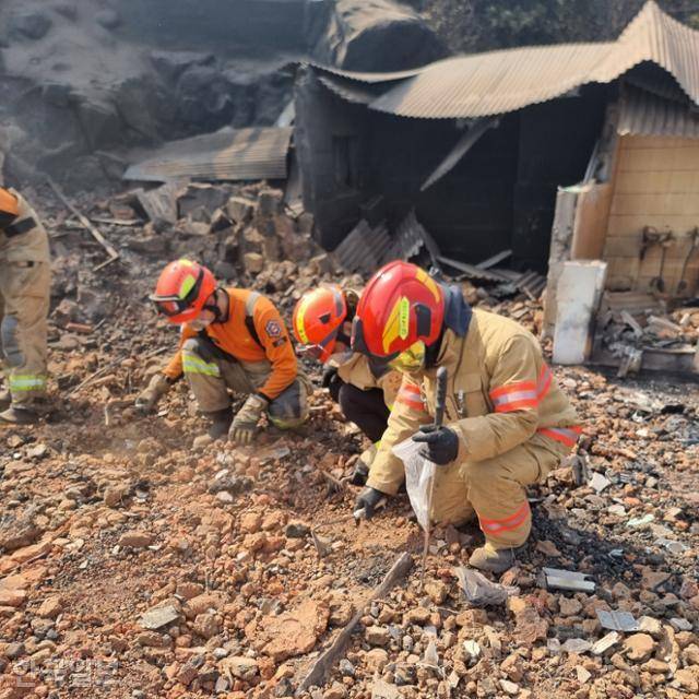산불에 영남권이 초토화된 3월 26일 경북 영덕 석리에 파견된 소방구조대원들이 호미를 들고 이분순씨의 집 잔해에서 유골을 찾고 있다. 조양현 전남소방본부 119특수구조대장 제공