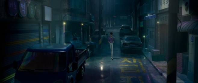 A scene from “KPop Demon Hunters” shows Jinu walking through a narrow alley lined with illegally parked cars on both sides. (Netflix)