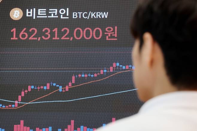 14일 서울 서초구 빗썸라운지 강남 본점 현황판에 비트코인 시세가 표시되고 있다. 연합뉴스
