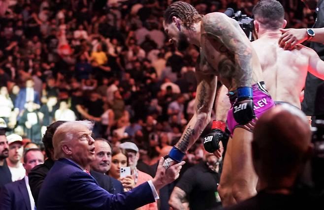 지난 6월 미국 뉴저지주 뉴어크 푸르덴셜센터에서 열린 종합격투기 UFC를 관람한 도널드 트럼프 미국 대통령(왼쪽)이 격투기 선수 션 오말리와 악수를 나누고 있다. [사진 = 로이터 연합뉴스]