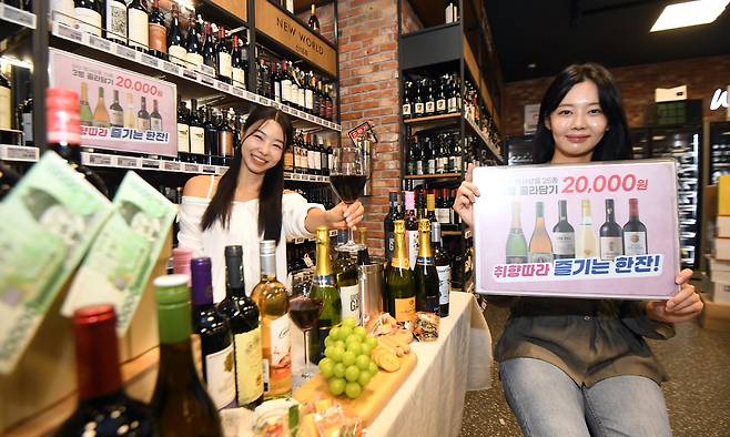 16일 서울 용산구 이마트 용산점에서 열린 '와인 3병에 2만원' 골라 담기 행사에서 모델들이 행사 상품과 와인을 소개하고 있다. 김경호 기자