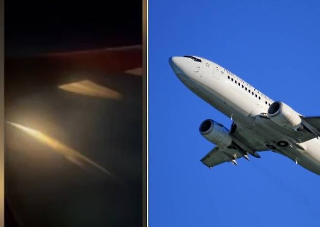 지난 14일(현지시간) 밤 로스앤젤레스 국제공항에서 이륙한 선 컨트리 항공의 보잉 737 오른쪽 엔진에서 불꽃이 튀고 있다(왼쪽). 오른쪽은 보잉 항공기 자료사진(기사와 관계 없음)