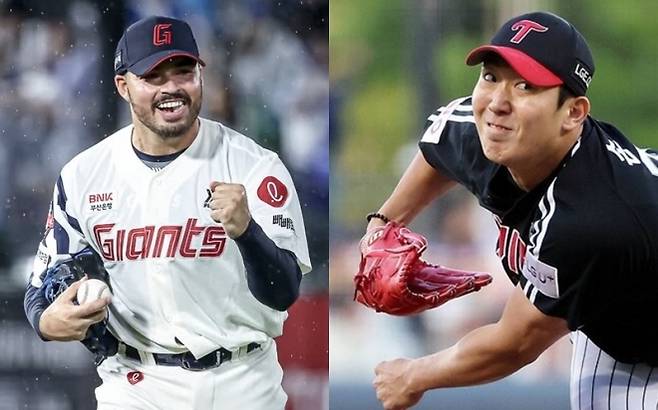 롯데 자이언츠 투수 알렉 감보아(왼쪽)와 LG 트윈스 투수 손주영