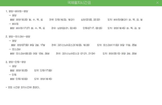 북한이 게시한 '국제열차시간표' (서울=연합뉴스) 북한 국가관광총국이 운영하는 조선관광 사이트가 게시한 '국제열차시간표'에 평양과 중국 베이징을 잇는 열차 스케줄이 고시된 것으로 16일 확인됐다. 2025.7.16 [조선관광 캡처]