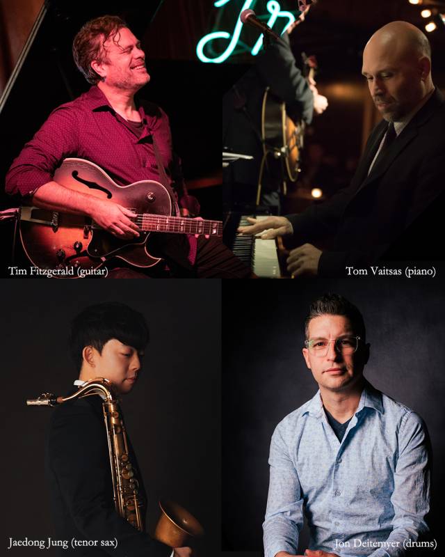 왼쪽 위부터 시계방향으로 팀 피츠제럴드(기타), 톰 바잇사스(피아노), 존 다이트마이어(드럼), 정재동(색소폰)
