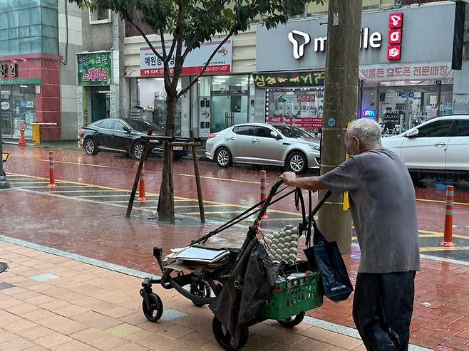 17일 오후 1시쯤 중구 동인동의 한 고물상 인근 주택가에서는 박성필(76)씨가 유모차를 개조한 손 수레에 젖은 박스를 모으고  있다. 구경모 기자