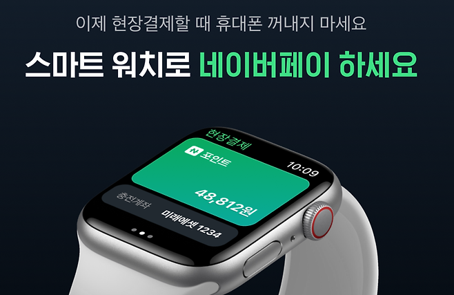 이제 현장결제할 때 휴대폰 꺼내지 마세요 스마트 워치로 네이버페이 하세요 현장결제 N 포인트 1009 48812원 충전계좌 미래에셋 1234