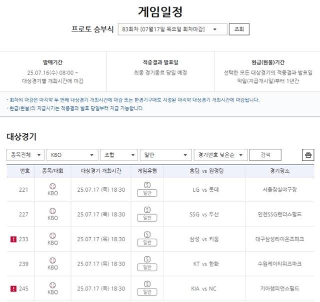프로토 승부식 83회차 경기 정보.
