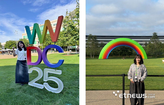 대글을 개발한 최서연 러너(왼쪽)과 뮤지코 앱을 개발한 백예지 러너가 WWDC2025현장에서 기념촬영을 하고 있다.