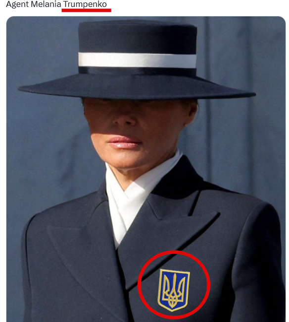 우크라이나 네티즌이 멜라니아 트럼프 여사 사진에 우크라이나 국가 상징을 합성한 사진을 공유하면서 그를 '멜라니아 트럼펜코 요원'이라고 부르고 있다. 사진=엑스 캡처