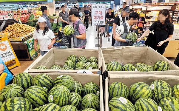 17일 부산 남구 이마트 문현점에서 ‘9900원 수박’을 사려는 고객이 길게 줄을 서 있다. 이날 문현점에서 준비한 수박 300통은 오픈 40분 만에 모두 팔렸다. 이마트 제공
