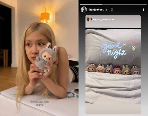 [서울=뉴시스] 걸그룹 블랙핑크의 가수 로제가 인스타그램 스토리에 올린 라부부 인형(왼쪽)과 정용진 신세계그룹 회장의 부인 한지희 씨가 자신의 인스타그램 스토리에 공유한 라부부 인형(사진=인스타그램 캡처) *재판매 및 DB 금지