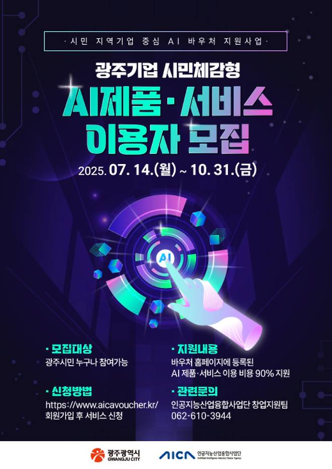 광주광역시와 인공지능산업융합사업단은 '2025년 시민·지역기업 중심 AI 바우처 지원사업' 이용자를 오는 10월 31일까지 상시 모집한다고 17일 밝혔다. 인공지능산업융합사업단 제공