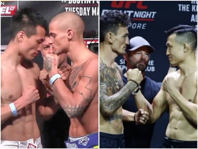 지난 2012년 열린 'UFC on FUEL 3' 대회에 앞서 신경전을 벌이는 정찬성과 포이리에. 사진 오른쪽은 2023년 개최된 'UFC on ESPN 52' 대회에 출전한 정찬성과 할로웨이. UFC 제공