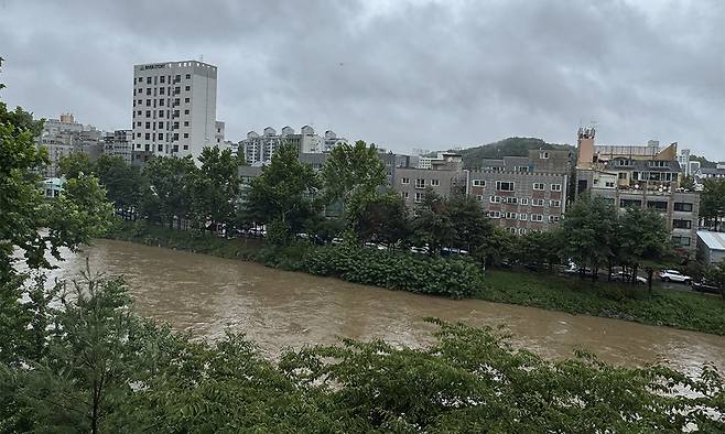 16∼17일 밤사이 내린 비로 대전 유성 갑천이 범람해 산책로가 침수됐다. 강은선 기자