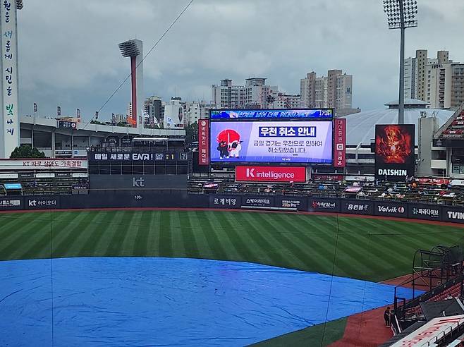 KT와 한화는 17일 수원KT위즈파크에서 후반기 첫 일정에 나설 예정이었다. 경기는 우천 및 그라운드 사정으로 취소됐다. 이 경기는 추후 편성된다. 수원｜박정현 기자