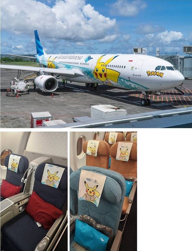 가루다인도네시아가 포켓몬컴퍼니와 협업해 특별 도장한 테마 항공기인 ‘피카츄젯 GA-2’ 외부와 내부