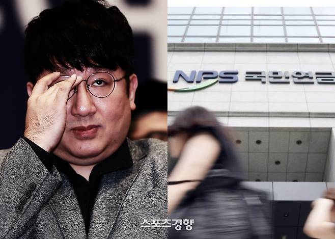 방시혁 하이브 의장(왼쪽)과 국민연금공단 사옥. 경향신문 자료사진