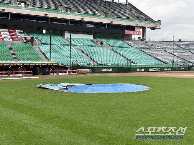 방수포가 덮여있는 랜더스필드 마운드. 사진=나유리 기자