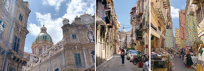 (왼쪽부터) 마피아의 도시로 불리는 팔레르모의 랜드마크인 대성당, 팔레르모 도심의 골목길 풍경, 좁다란 골목길에 조성된 거리 시장