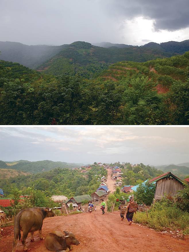 (위)라오스 북부에 위치한 남하국립공원 (아래)남하국립공원에 위치한 소수민족 마을 전경