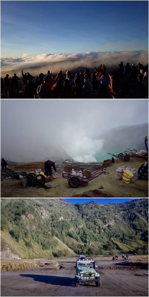 (위로부터)브로모산 일출 전망대, 이젠산에서 유황을 캐는 주민의 모습, 지프차를 타고 브로모산 분화구 인근까지 이동한다.