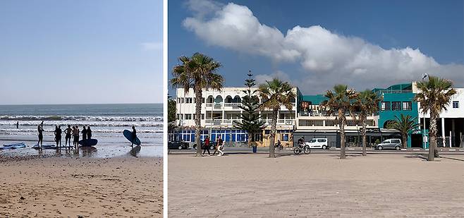 서핑의 천국이라 일컬어지는 모로코 에사우이라 해변, 야자수가 늘어선 에사우이라 도심 풍경