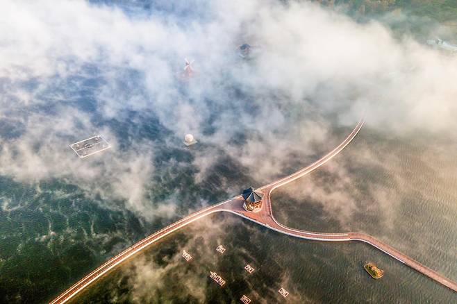 송해공원 주변으로 물안개가 피어나 색다른 분위기가 연출되고 있다.
