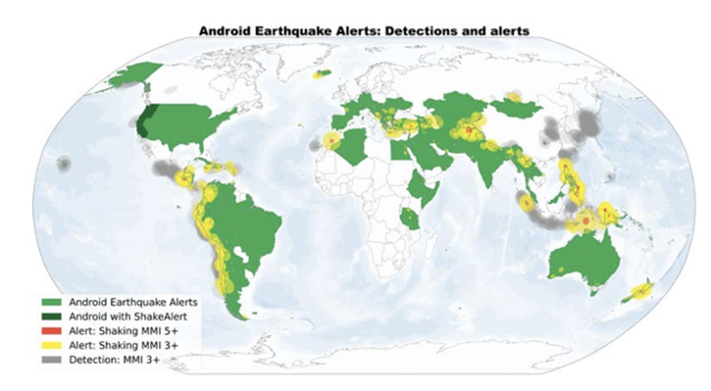 구글과 미국 버클리 캘리포니아대 연구진이 구글 안드로이드 운영체제 기반의 최신 스마트폰에 장착된 가속도계를 이용해 지진을 감지한 지역들. 감지된 진동의 강도에 따라 색깔이 다르게 표시됐다. 사이언스 제공