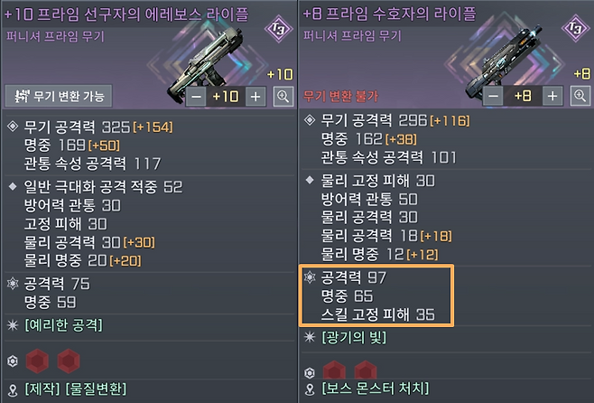 ▲ 프라임 옵션 상향으로 보스 전용 장비가 경쟁력을 갖췄다