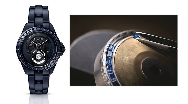 J12 블루 다이아몬드 투르비용 워치. 중력의 영향을 최소화하는 투르비용 케이지에 다이아몬드를 세팅해 다른 시계 브랜드와 차별화를 줬다. 베젤에도 바게트 컷 천연 사파이어를 세팅했다. 사진 샤넬