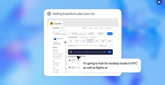 챗GPT 에이전트가 익스피디아 웹사이트를 직접 방문해 항공편을 검색하고 있다. 에이전트가 사용자의 요청을 받아 직항 항공편을 찾아보겠다는 계획을 실행하고 있다. 사진 오픈AI