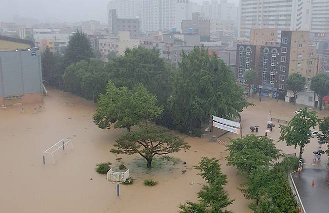 [광주=뉴시스] 류형근 기자 = 광주와 전남지역에 폭우가 내리고 있는 가운데 17일 오후 광주 북구 전남대학교 사범대학 부속고등학교 운동장에 빗물이 들어차 있다. 2025.07.17. (사진=독자 제공). photo@newsis.com *재판매 및 DB 금지