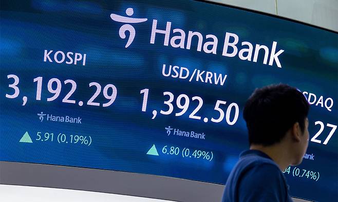 17일 서울 중구 하나은행 본점 딜링룸의 전광판에 이날 거래를 마감한 코스피와 코스닥지수, 원/달러 환율 거래가가 표시돼 있다. 연합뉴스