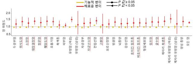영국 바이오뱅크의 약 50만명의 유전체 및 임상 데이터를 활용해 검증한 결과, 연구팀이 구분한 해로운 변이를 갖고 있는 사람은 그렇지 않은 사람보다 암에 걸릴 위험도가 약 1.4배 높은 것으로 나타났다. 사진 제공=세브란스병원
