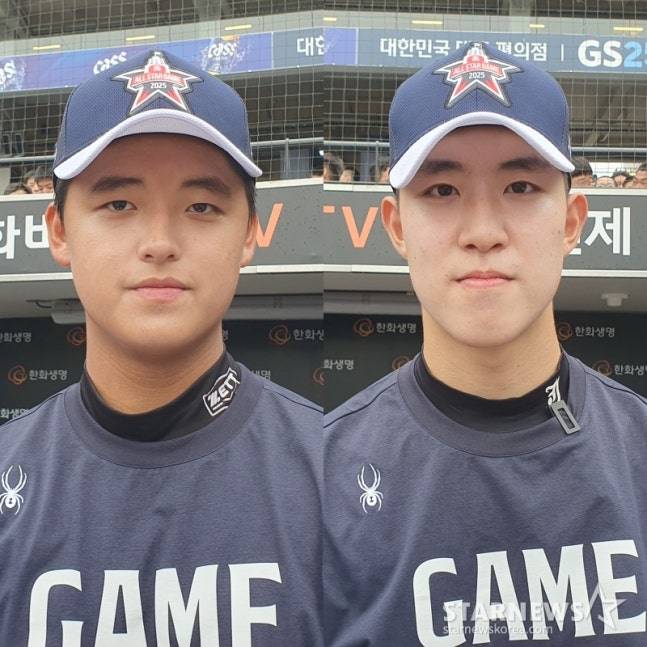 북일고 박준현(왼쪽)과 장충고 문서준. 둘은 올해 9월 열릴 2026 KBO 신인드래프트 최대어로 불리고 있다.   /사진=김동윤 기자