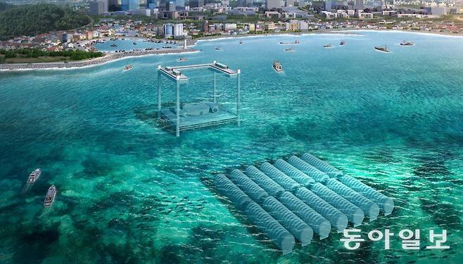 한국해양과학기술원이 추진하는 수중 데이터센터 단지의 이미지. 동그란 원통 모양의 데이터센터 팟(Pod)을 여러 개 설치하는 방식이다. 한택희 책임연구원은 육상 데이터센터처럼 지역주민 민원으로 공사가 지연되거나 하지 않을 거란 점이 수중 데이터센터의 장점 중 하나라고 설명한다. 데이터센터 냉각에 필요한 전력 소모량은 육상보다 대폭(-84%) 줄일 수 있다. 한국해양과학기술원