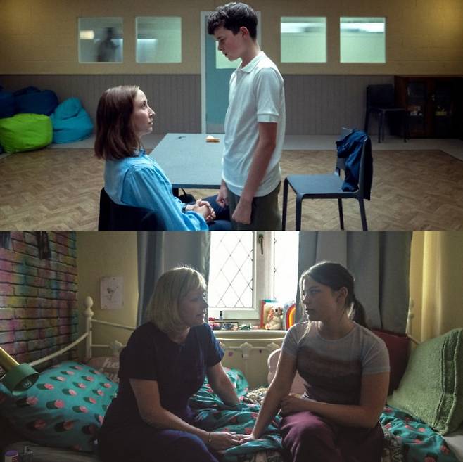 소년의 시간’의 주인공 제이미 밀러는 자신을 찾아 온 임상심리학자가 자신이 원하는 것을 들어주지 않을 때마다 화를 낸다(위). 반면 제이미의 누나, 리사는 자신이 제이미의 가족이라는 이유로 받는 고통을 감내하는 성숙한 모습을 보인다. 넷플릭스 제공