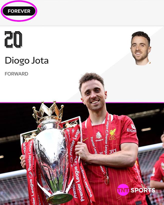 18일 리버풀 1군 선수단에서 'FOREVER' 포지션에 이름을 올린 조타. 사진=TNT스포츠 SNS